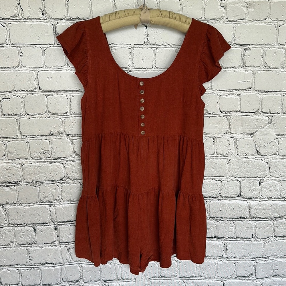 Entro Womens Medium Linen Blend Romper Tiered Ruffle Sleeve Button Down Rust